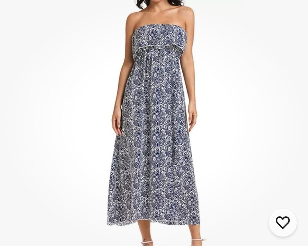 Summer Dress Blue and White Porcelain Strapless Boho Maxi Long S Coastal Beach